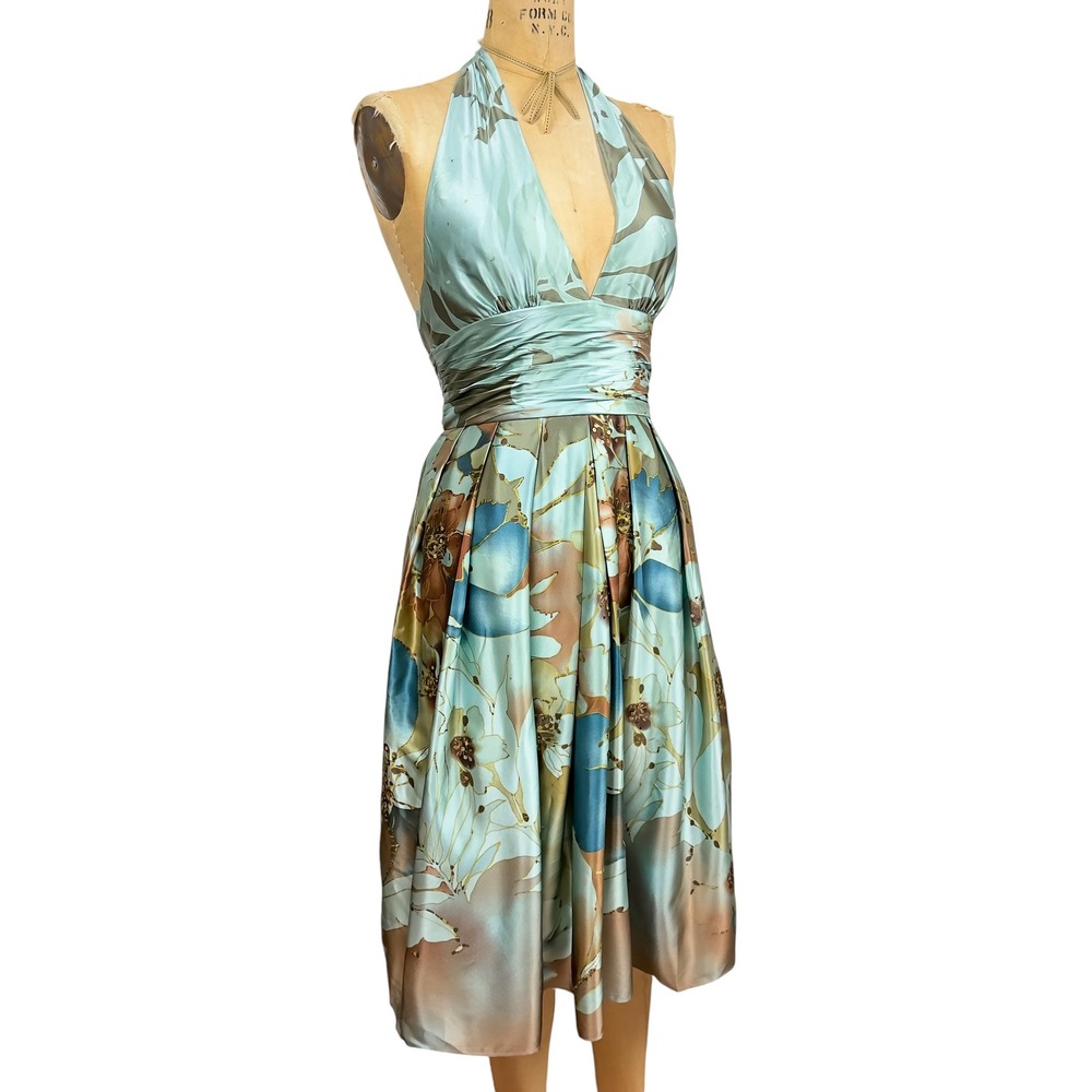 Y2K Teal Silk Floral Sequin Halter Midi A Line Dress Flowy Pleats Formal Size 8 - Picture 4 of 11